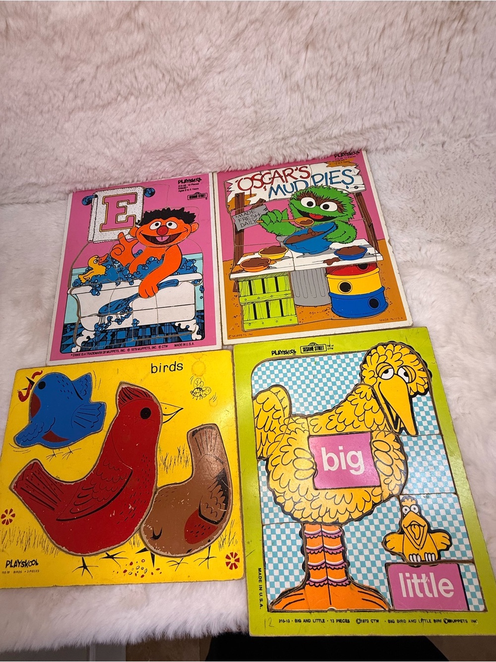 Vintage 1970s Playskool Sesame St. Ernie Oscar Big Bird Birds Puzzles Lot Of 4